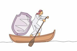 Single continuous line drawing Arab businessman sailing away on boat with shield. Business protection and precaution financial crime. Security and insurance. One line draw design vector illustration