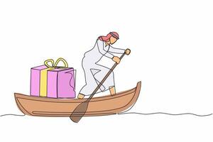 Single one line drawing Arabian businessman sailing away on boat with gift box. Year-end prizes for outstanding employees. Appreciation from company. Continuous line design graphic vector illustration