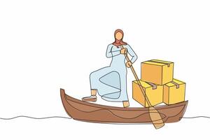 Single one line drawing Arab businesswoman standing in boat and sailing with pile of cardboard. Shipping through the ocean. Delivery and packaging. Continuous line design graphic vector illustration