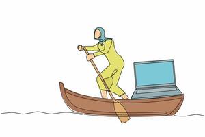 Continuous one line drawing Arab businesswoman standing in boat and sailing with laptop computer. Happy worker as a freelancer or creative manager. Remote work. Single line design vector illustration