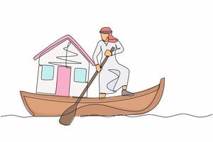 Continuous one line drawing of Arabian businessman sailing away on boat with house. Home mortgage problem in economic crisis. Housing loan disaster. Single line draw design vector graphic illustration