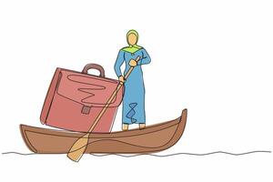 Single continuous line drawing Arab businesswoman standing in boat and sailing with briefcase. Success male manager on summer vacation. Escape from routine. One line graphic design vector illustration