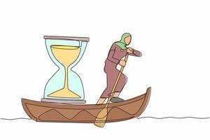 Single continuous line drawing Arab businesswoman standing in boat and sailing with hourglass. Escape from deadline. Motivation to go forward. Running out of time. One line design vector illustration