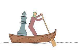 Single one line drawing Arab businesswoman standing in boat and sailing with chess king piece. Tactic and strategy in trade war. Success winning competition. Continuous line design vector illustration