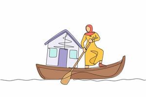 Single one line drawing Arab businesswoman standing in boat and sailing with house. Housing loan settlement. Banks provide home mortgage installments. Continuous line draw design vector illustration