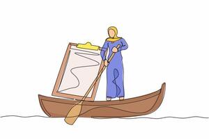 Single one line drawing Arabian businesswoman standing in boat, sailing with clipboard. Employee escape from deadline checklist board. Productivity problem. Continuous line design vector illustration