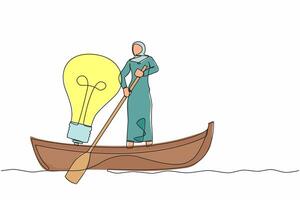 Continuous one line drawing Arab businesswoman standing in boat and sailing with light bulb. Manager searching idea or vision. Success business innovation. Single line draw design vector illustration