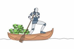 Single one line drawing robot sailing away on boat with pile of banknote. Digital financial crime or money laundering. Robotic artificial intelligence. Continuous line draw design vector illustration