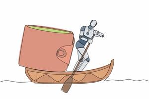 Single continuous line drawing robot sailing away on boat with purse. Money management in tech company. Future technology development. Artificial intelligence. One line draw design vector illustration