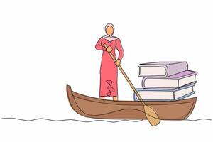 soltero continuo línea dibujo árabe mujer de negocios en pie en barco y navegación con libros pila. éxito gerente con extenso conocimiento. estudiar y crecimiento. uno línea gráfico diseño vector ilustración