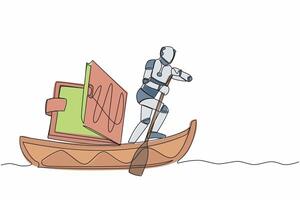 Continuous one line drawing robot sailing away on boat with wallet. Problem in tech company due to economic crisis. Humanoid robot cybernetic organism. Single line design vector graphic illustration