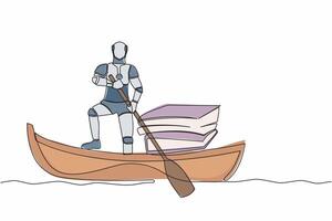 Single continuous line drawing robot sailing away on boat with stack of papers. Manage digital document in tech company. Future technology development. One line draw graphic design vector illustration