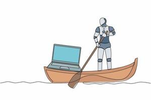 Single one line drawing of robot sailing away on boat with laptop computer. Freelance or remote work at ship. Modern robotic artificial intelligence. Continuous line design graphic vector illustration