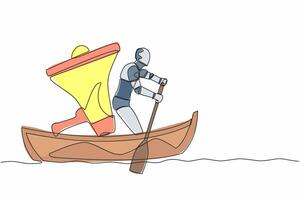 One continuous line drawing genius robot standing in boat and sailing with super megaphone. Humanoid shout and motivating team to move forward for success. Single line draw design vector illustration