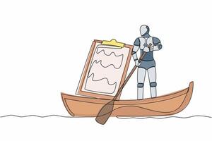 Single continuous line drawing robot sailing away on boat with clipboard. Shipping documents. Future technology development. Artificial intelligence. One line draw graphic design vector illustration