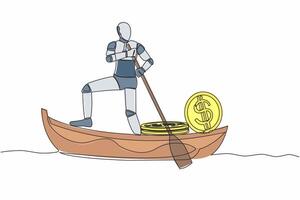 Single one line drawing robot sailing away on boat with pile of dollar coins. Criminal stole golden coin from bank. Robotic artificial intelligence. Continuous line graphic design vector illustration