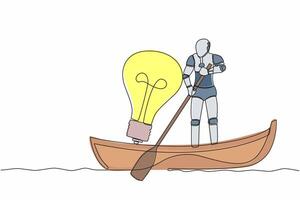 Continuous one line drawing robot sailing away on boat with light bulb. Vision and innovation in tech company. Humanoid robot cybernetic organism. Single line draw design vector graphic illustration