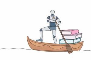 Single one line drawing robot sailing away on boat with pile of books. Education in tech company. Robotic artificial intelligence. Technology industry. Continuous line draw design vector illustration