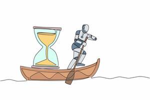 Single continuous line drawing robot sailing away on boat with hourglass. Business deadline in factory project. Future technology development process. One line draw graphic design vector illustration