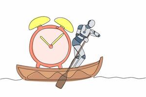 Single one line drawing robot sailing away on boat with alarm clock. Time management in tech business deadline. Robotic artificial intelligence. Continuous line draw design graphic vector illustration