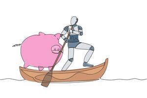 Continuous one line drawing robot sailing away on boat with piggy bank. Economy purposes saving money in tech company. Humanoid robot cybernetic organism. Single line draw design vector illustration