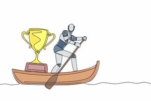 Single continuous line drawing smart robot sailing away on boat with winning trophy. Victory reward for space exploration missions. Artificial smart droid. One line graphic design vector illustration