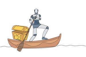 soltero continuo línea dibujo robot navegación lejos en barco con tesoro pecho. dinero blanqueo en tecnología compañía. futuro tecnología. artificial inteligencia. uno línea gráfico diseño vector ilustración