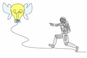Single one line drawing young astronaut chasing flying light bulb in moon surface. Searching new invention in space exploration. Cosmonaut deep space. Continuous line draw design vector illustration