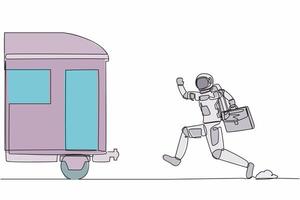 continuo uno línea dibujo de joven astronauta correr persiguiendo tren en Luna superficie. transporte sistema en espacio estación. cosmonauta exterior espacio concepto. soltero línea dibujar diseño vector gráfico ilustración