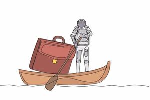 Continuous one line drawing young astronaut sailing away on boat with briefcase. Secret document storage in space missions. Cosmonaut outer space. Single line draw design vector graphic illustration