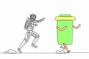 Single continuous line drawing young astronaut run chasing paper cup in moon surface. Recycling waste treatment in outer space. Cosmic galaxy space concept. One line graphic design vector illustration