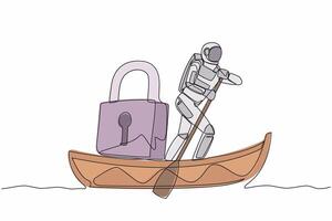 Single one line drawing astronaut sailing away on boat with padlock. Spaceship launch safety and protection. Cosmic galaxy space concept. Modern continuous line draw design graphic vector illustration