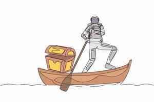 Continuous one line drawing astronaut sailing away on boat with treasure chest. Money laundering in shuttle launch mission. Cosmonaut outer space. Single line draw design vector graphic illustration