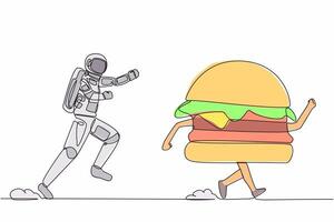 Continuous one line drawing of young astronaut run chasing hamburger in moon surface. Food estate industry in outer space. Cosmonaut outer space concept. Single line design vector graphic illustration