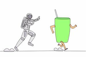 Single one line drawing of young astronaut run chase coffee cup in moon surface. Enjoying black coffee while relaxing in space. Cosmonaut deep space concept. Continuous line design vector illustration