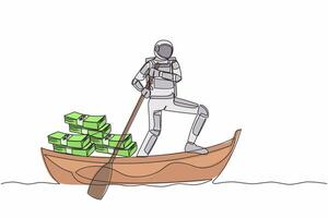 Single one line drawing astronaut sailing away on boat with pile of banknote. Financial crime or money laundering in space exploration. Cosmic galaxy space. Continuous line design vector illustration