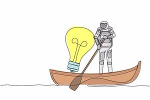 Single one line drawing young astronaut sailing away on boat with light bulb. Vision and innovation in galactic mission. Cosmic galaxy space concept. Continuous line design graphic vector illustration