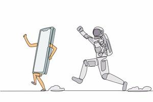 Continuous one line drawing of young astronaut run chasing smartphone in moon surface. Communication revolution with satellite phone. Cosmonaut outer space. Single line draw design vector illustration