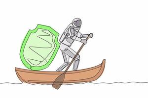 Single one line drawing young astronaut sailing away on boat with shield. Security and insurance in spaceship launching. Cosmic galaxy space concept. Continuous line design graphic vector illustration