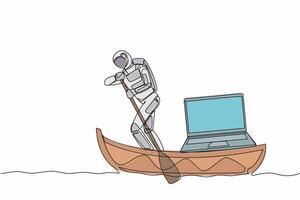 Single continuous line drawing astronaut sailing away on boat with laptop computer. High-tech to carry out intergalactic exploration missions. Cosmonaut deep space. One line design vector illustration