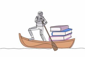 Continuous one line drawing astronaut sailing away on boat with pile of books. higher education and learning to become a cosmonaut. Cosmonaut outer space. Single line draw design vector illustration