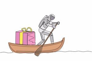 Single continuous line drawing astronaut sailing away on boat with gift box. Prizes for cosmonauts who have successfully explored outer space. Cosmonaut deep space. One line design vector illustration
