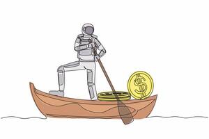 Single one line drawing of astronaut sailing away on boat with pile of dollar coins. Fundraising for spacecraft launch missions. Cosmic galaxy space concept. Continuous line design vector illustration