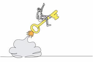 Single one line drawing of young astronaut riding key rocket flying in moon surface. Searching success key of space exploration. Cosmic galaxy space concept. Continuous line design vector illustration