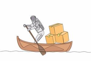 Continuous one line drawing astronaut sailing away on boat with pile of cardboard. Delivery of packages between planets in space. Cosmonaut outer space. Single line design vector graphic illustration