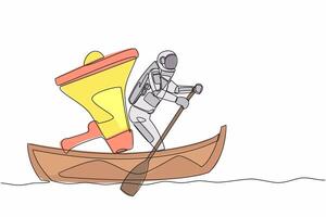 Single continuous line drawing young astronaut sailing away on boat with megaphone. Command control room for space mission analysis. Cosmonaut deep space. One line graphic design vector illustration