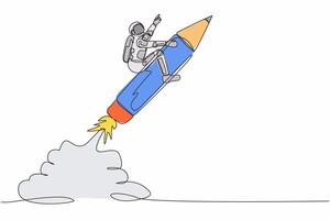 Single continuous line drawing young astronaut riding pencil rocket flying in moon surface. Education to realize spaceship technology. Cosmonaut deep space. One line graphic design vector illustration