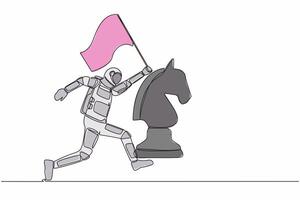 continuo uno línea dibujo astronauta corriendo y participación bandera junto a caballo ajedrez pedazo. celebrando triunfo de intergaláctico expedición. cosmonauta exterior espacio. soltero línea diseño vector ilustración