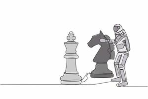 Single continuous line drawing young astronaut holding horse knight chess piece to beat king chess. Space business victory step. Cosmonaut deep space. One line draw graphic design vector illustration