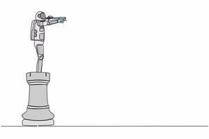 Single continuous line drawing young astronaut on top of big rook chess piece using monocular in moon surface. Looking for new planets. Cosmonaut deep space. One line draw design vector illustration